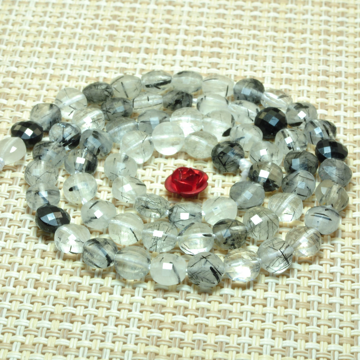 YesBeads natural Black Rutilated Quartz micro faceted coin loose beads wholesale gemstone jewelry making 15"