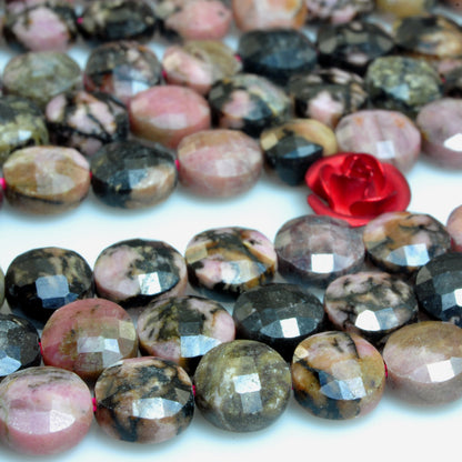 YesBeads natural black banded Rhodonite gemstone faceted coin loose beads wholesale jewelry making 6mm 15"