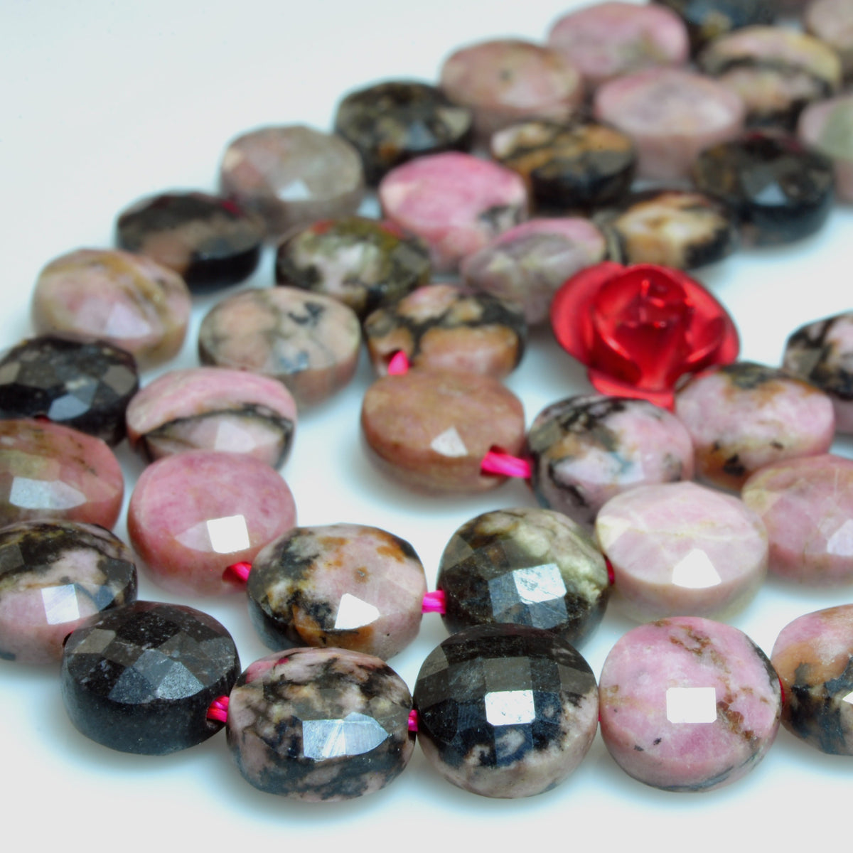 YesBeads natural black banded Rhodonite gemstone faceted coin loose beads wholesale jewelry making 6mm 15"