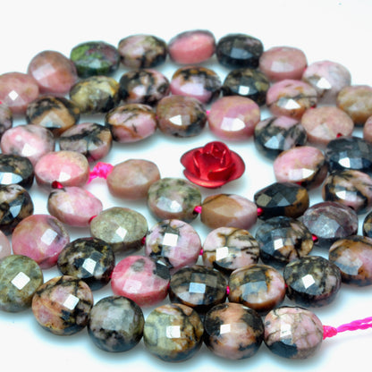 YesBeads natural black banded Rhodonite gemstone faceted coin loose beads wholesale jewelry making 6mm 15"