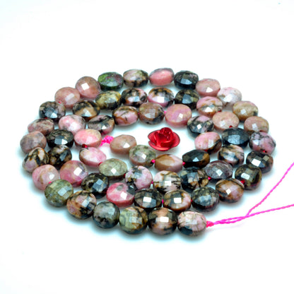 YesBeads natural black banded Rhodonite gemstone faceted coin loose beads wholesale jewelry making 6mm 15"