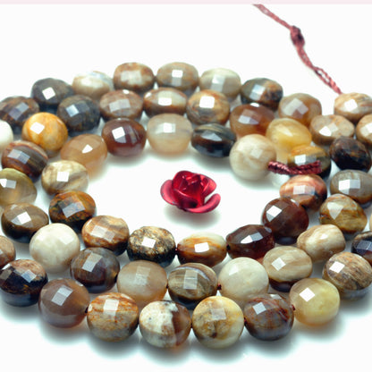YesBeads Natural Petrified Wood Jasper micro faceted coin loose beads wholesale gemstone jewelry making 15"