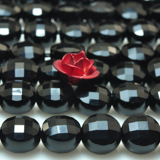 YesBeads Black Onyx micro faceted coin loose beads wholesale gemstone jewelry 15"