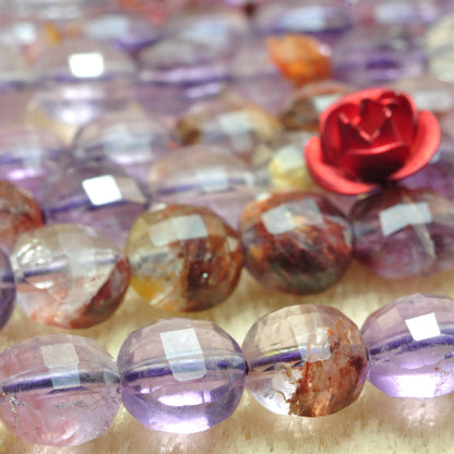 YesBeads Natural Super 7 Seven Crystal micro faceted coin beads cacoxenite amethyst gemstone wholesale jewelry 15"