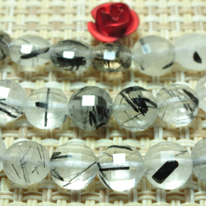 YesBeads natural Black Rutilated Quartz micro faceted coin loose beads wholesale gemstone jewelry making 15"