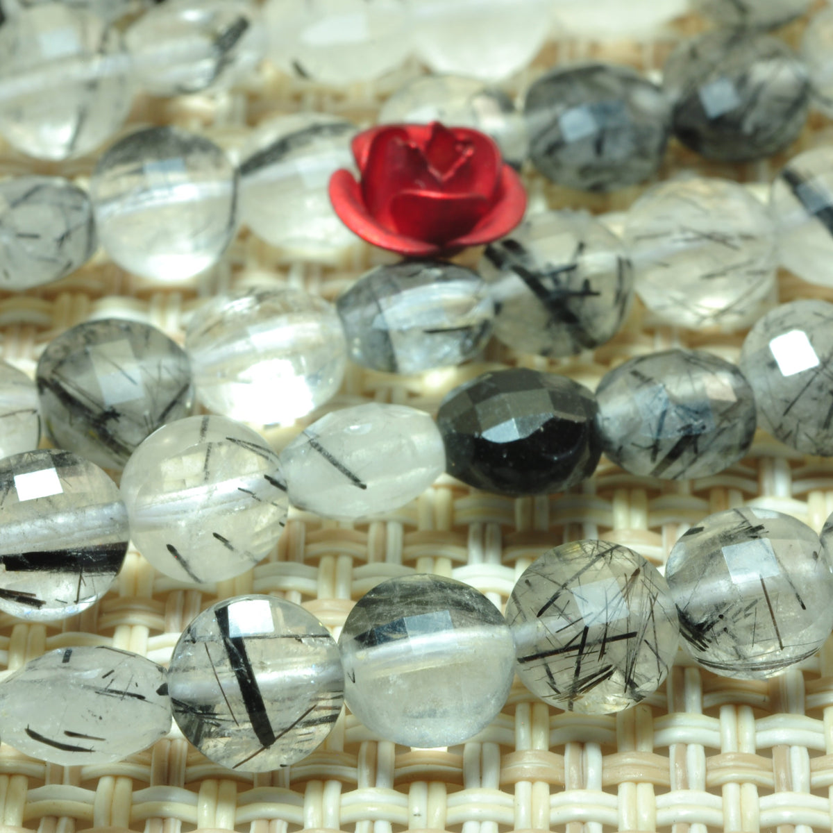 YesBeads natural Black Rutilated Quartz micro faceted coin loose beads wholesale gemstone jewelry making 15"