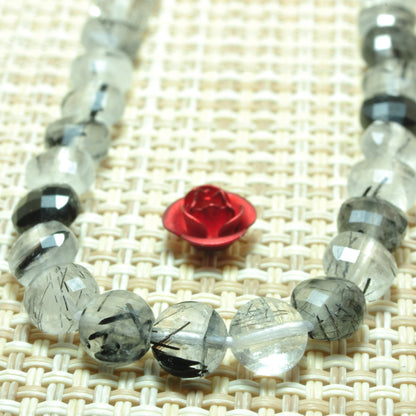 YesBeads natural Black Rutilated Quartz micro faceted coin loose beads wholesale gemstone jewelry making 15"