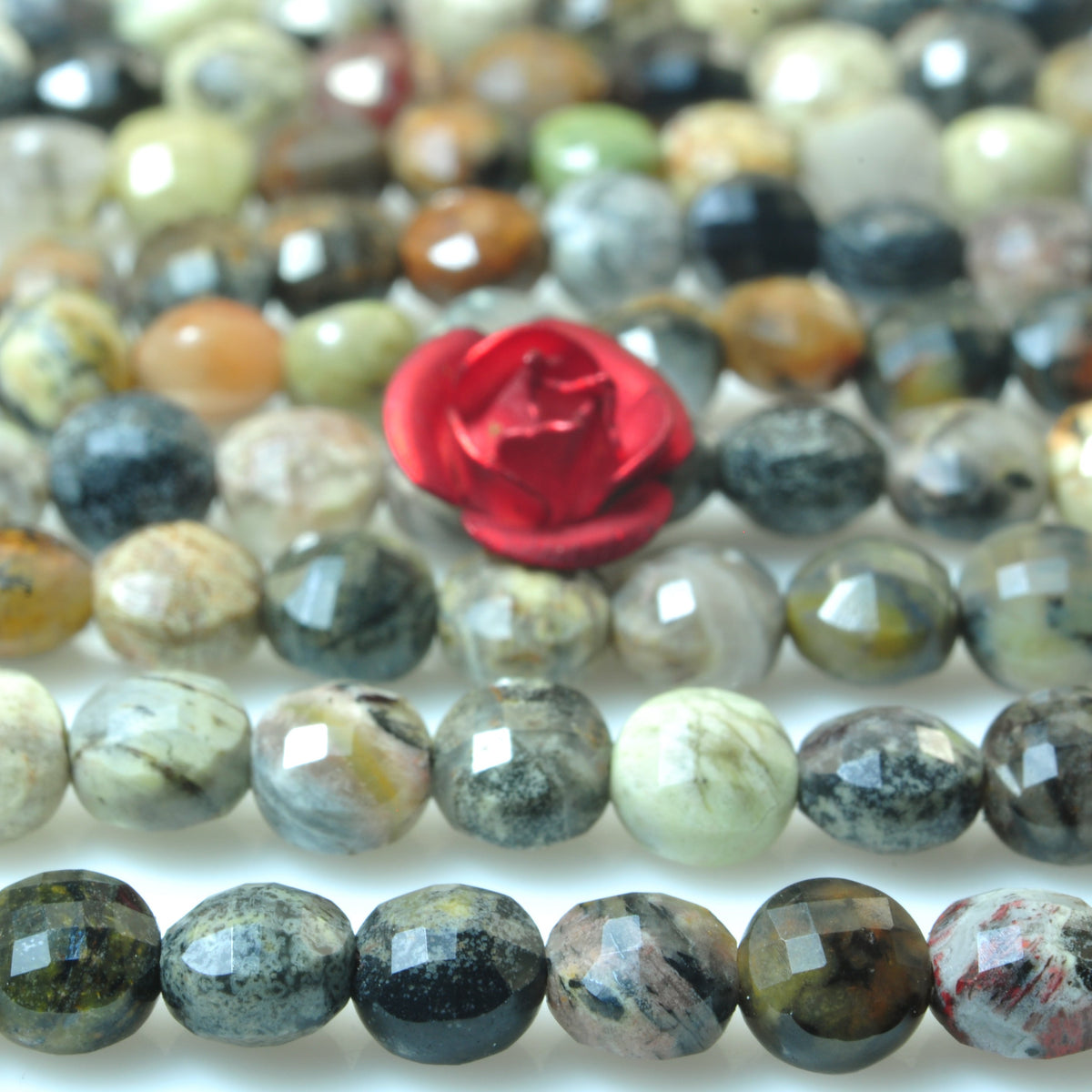 YesBeads Natural Silver Leaf Jasper micro faceted coin loose beads wholesale gemstone jewelry 15"