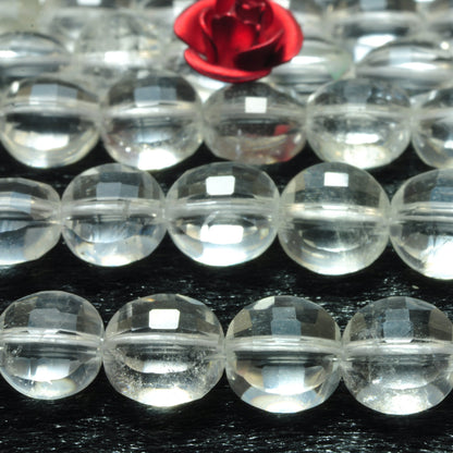 Natural white Rock Crystal micro faceted coin loose beads clear quartz wholesale gemstone jewelry making 6mm 15"