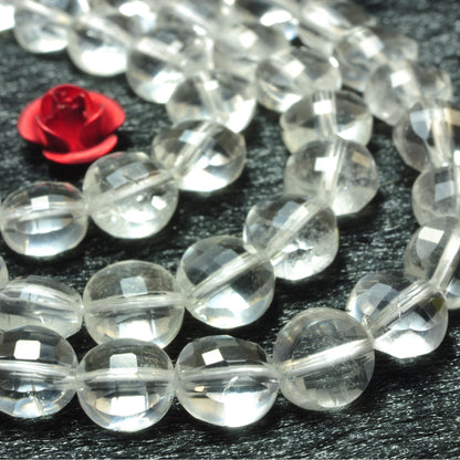 Natural white Rock Crystal micro faceted coin loose beads clear quartz wholesale gemstone jewelry making 6mm 15"