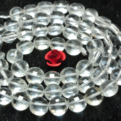 Natural white Rock Crystal micro faceted coin loose beads clear quartz wholesale gemstone jewelry making 6mm 15"
