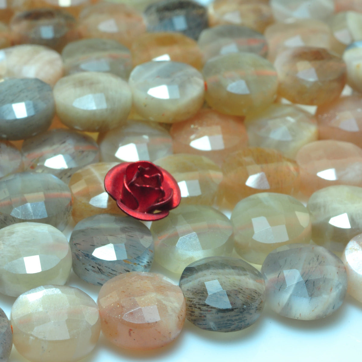 YesBeads natural rainbow Moonstone faceted coin beads gemstone wholesale 15"