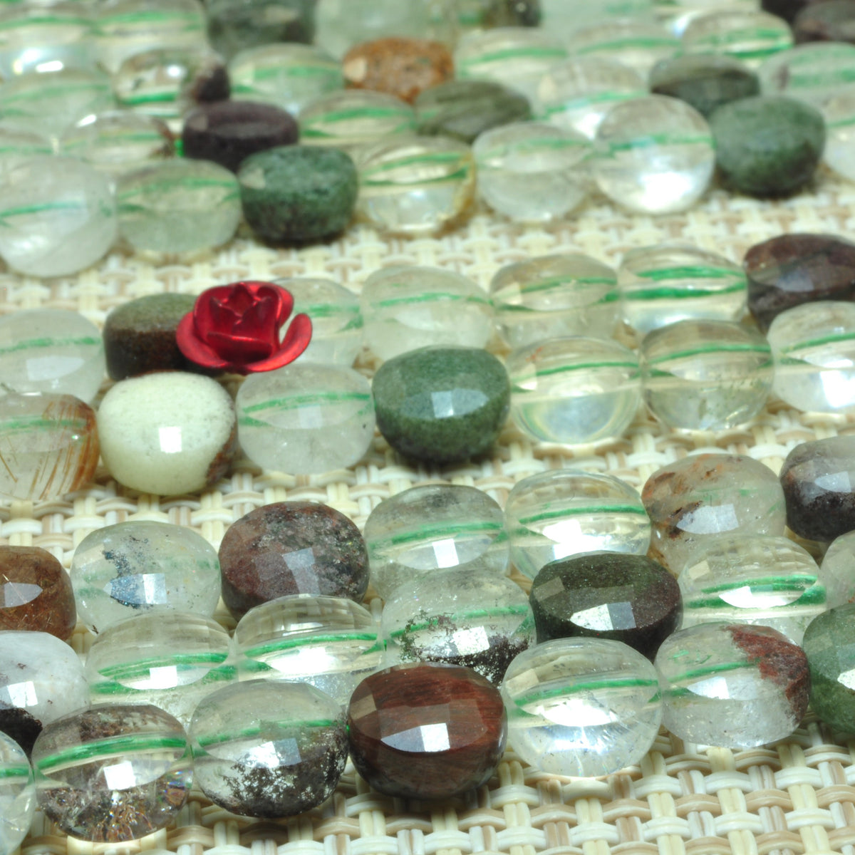 YesBeads natural Phantom Quartz green gemstone faceted coin loose beads 8mm 15.5"