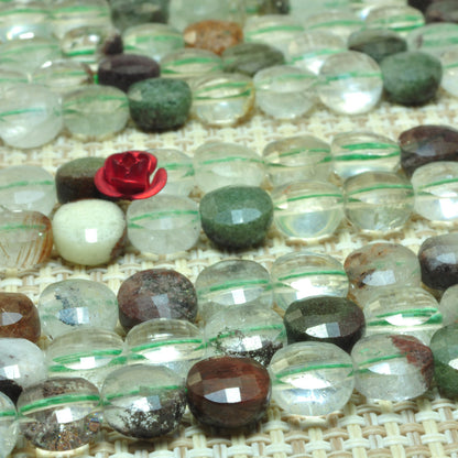 YesBeads natural Phantom Quartz green gemstone faceted coin loose beads 8mm 15.5"