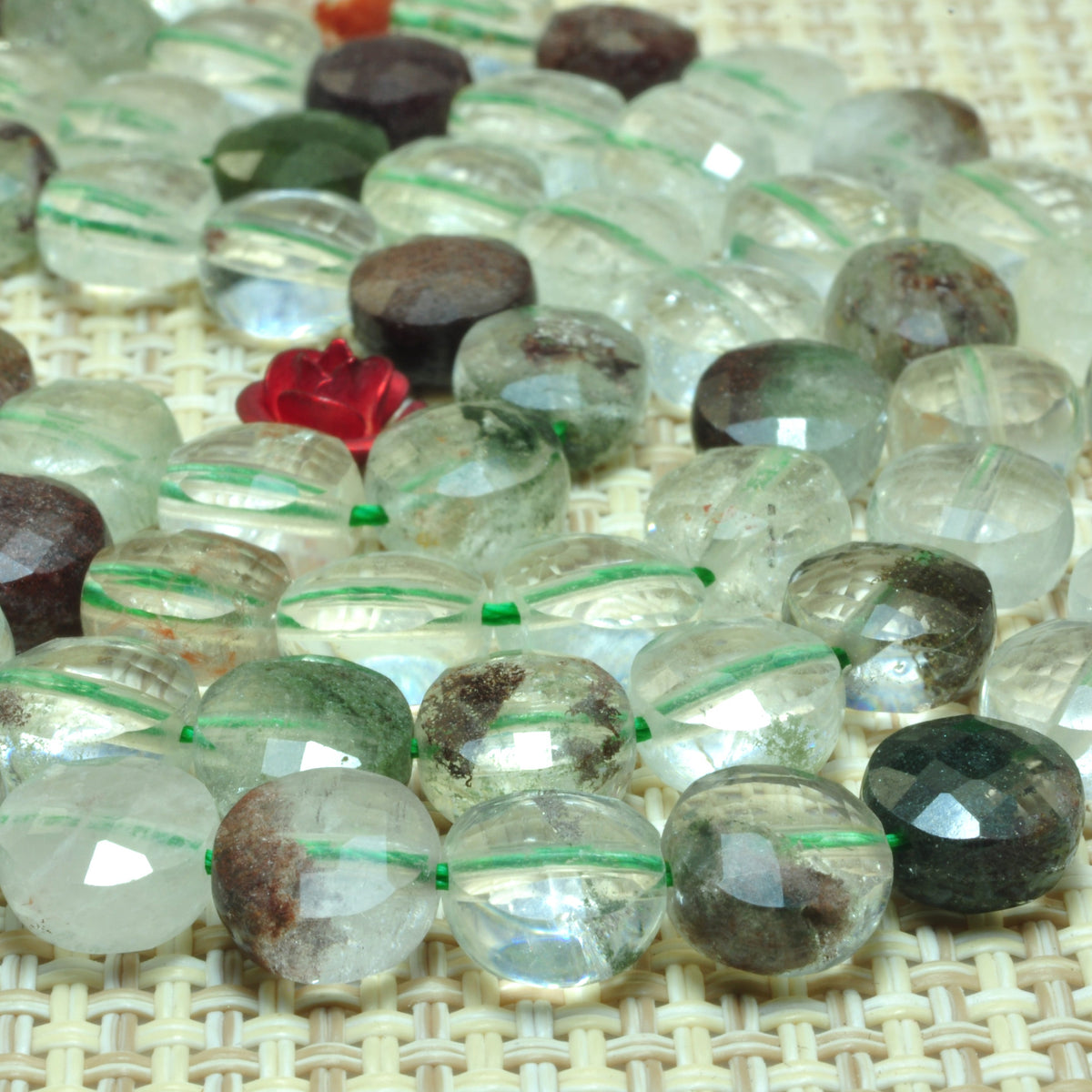 YesBeads natural Phantom Quartz green gemstone faceted coin loose beads 8mm 15.5"