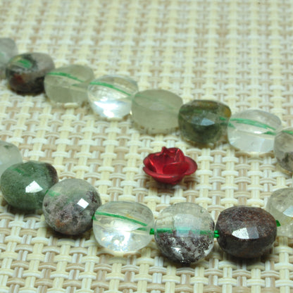YesBeads natural Phantom Quartz green gemstone faceted coin loose beads 8mm 15.5"