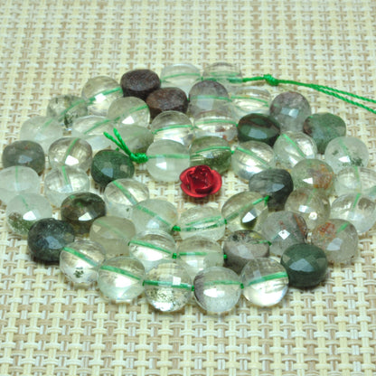 YesBeads natural Phantom Quartz green gemstone faceted coin loose beads 8mm 15.5"