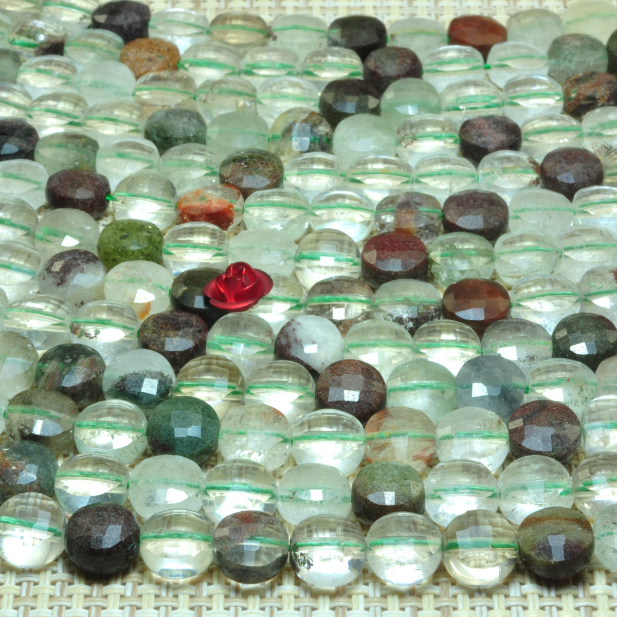 YesBeads natural Phantom Quartz green gemstone faceted coin loose beads 8mm 15.5"