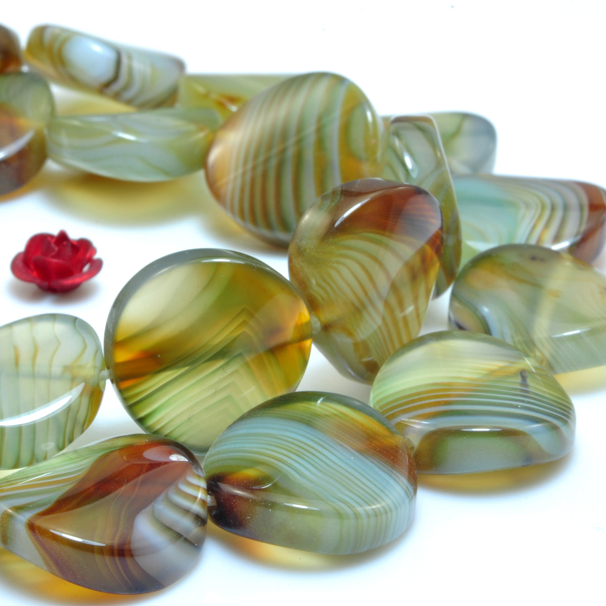 YesBeads Natural Green Banded Agate smooth twisted coin beads wholesale gemston jewelry 16mm 15"
