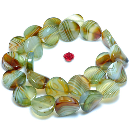 YesBeads Natural Green Banded Agate smooth twisted coin beads wholesale gemston jewelry 16mm 15"