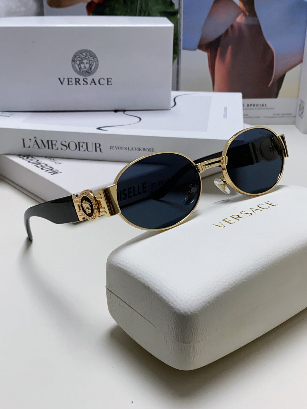 Versace VES71 Oval Blue Lens Sunglasses for Men & Women - detail image 7