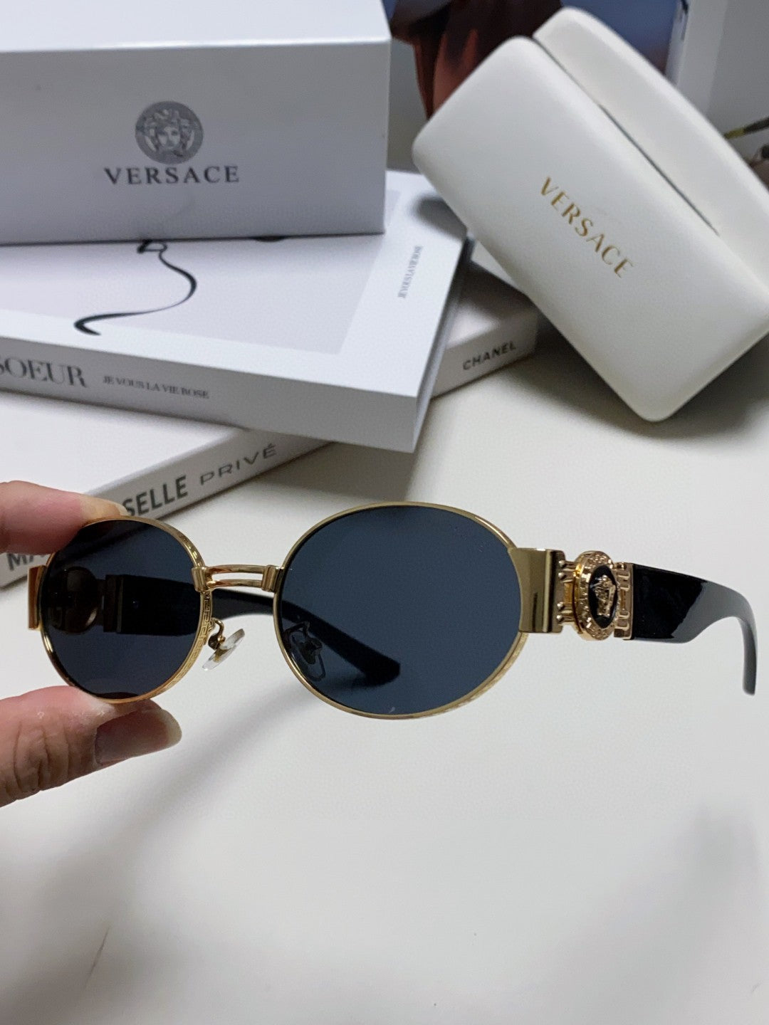 Versace VES71 Oval Blue Lens Sunglasses for Men & Women - detail image 5