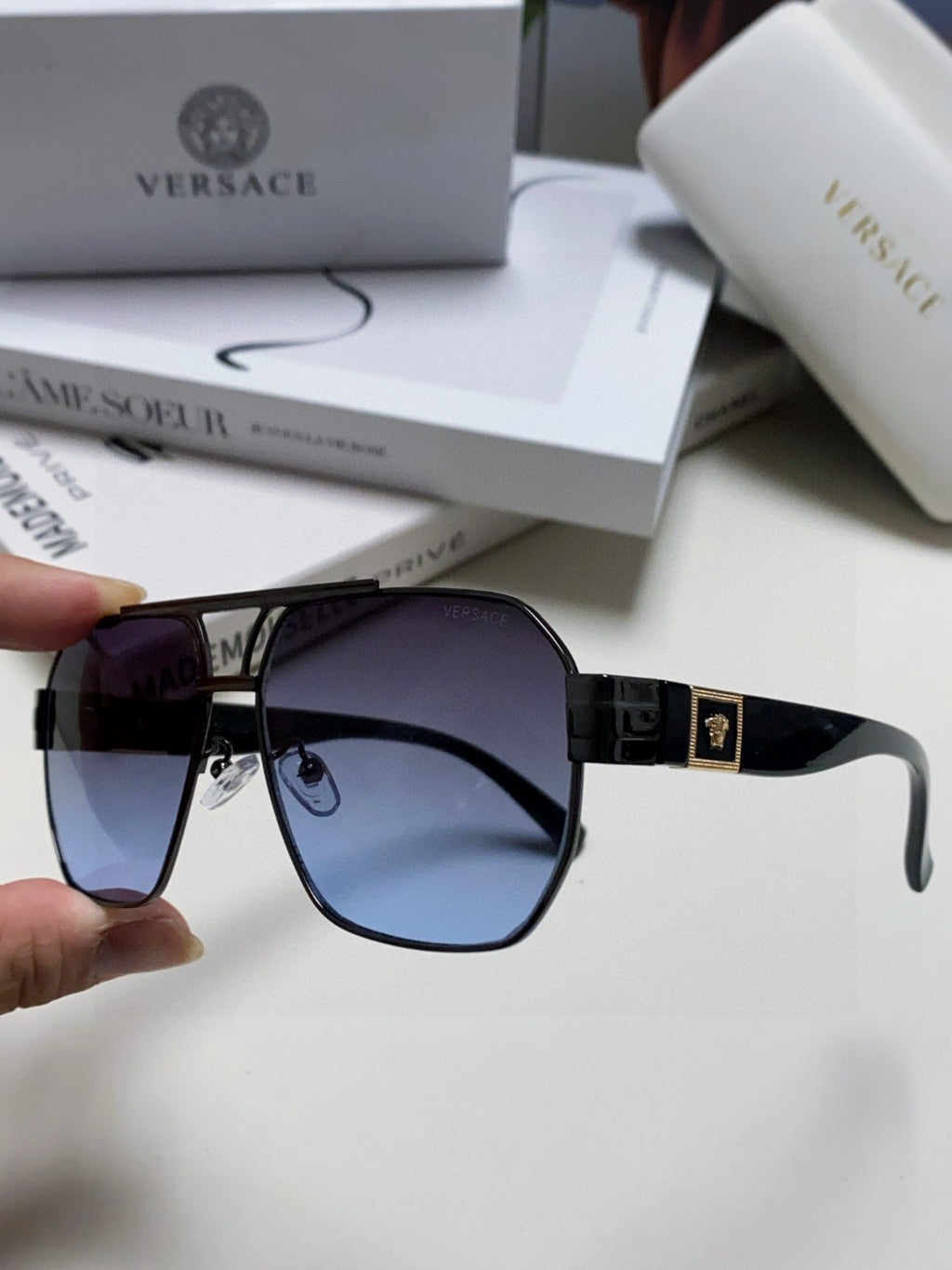 Versace Metal Square Blue Lens Sunglasses for Men & Women - 416357 - detail image 5