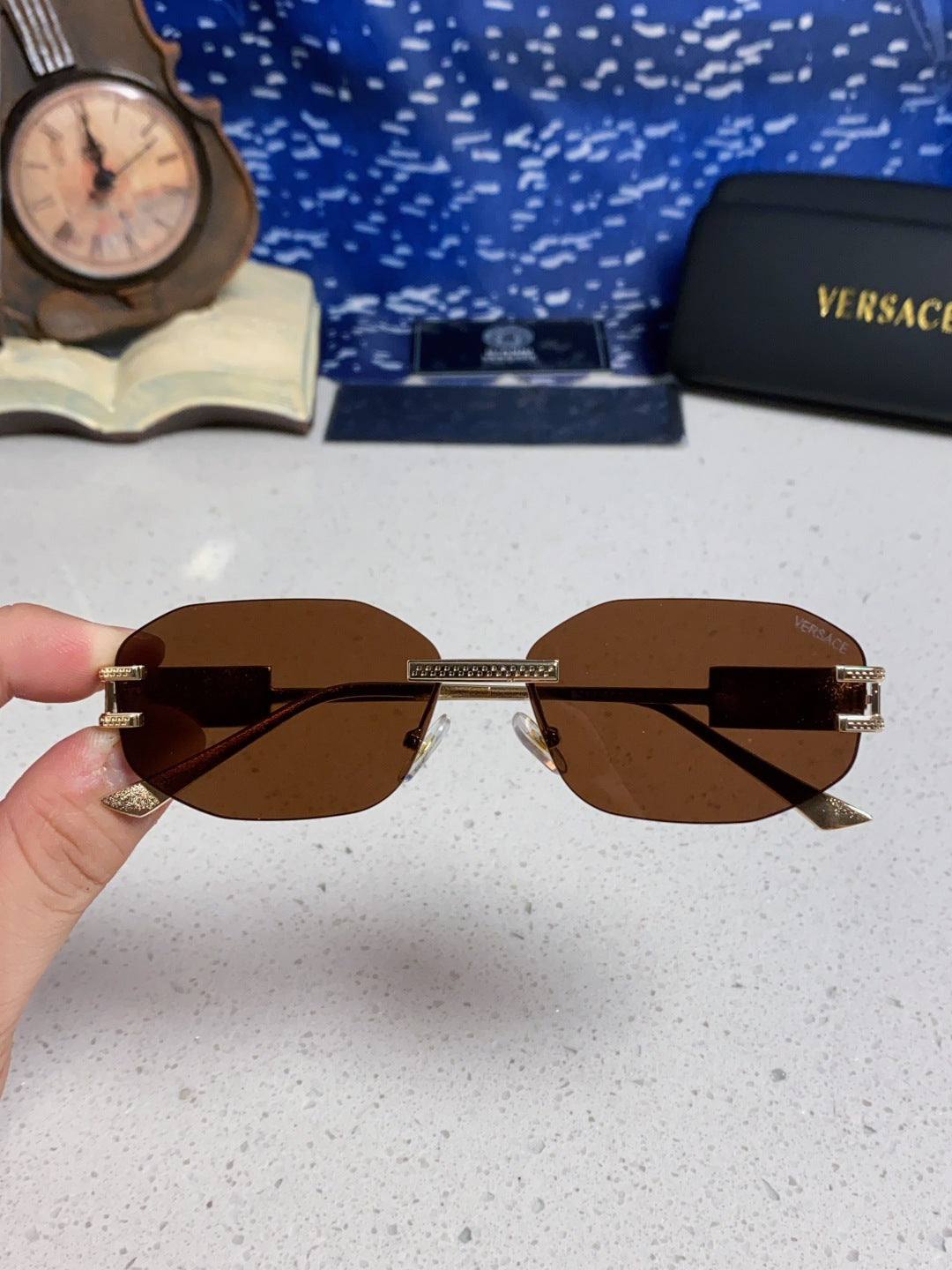 Versace VE2274 Lightweight Metal Rimless Brown Lens Sunglasses for Men & Women - detail image 4