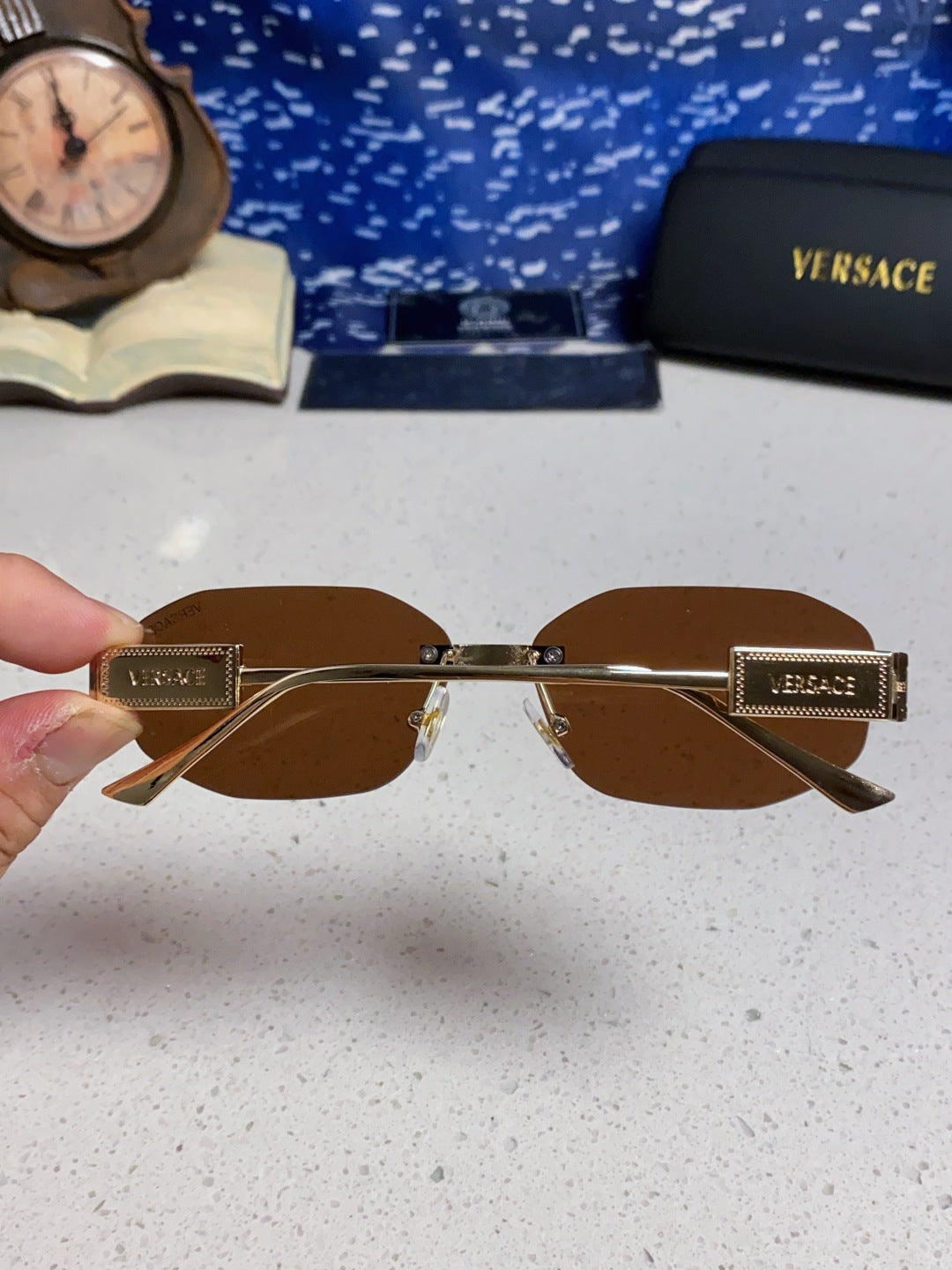 Versace VE2274 Lightweight Metal Rimless Brown Lens Sunglasses for Men & Women - detail image 5