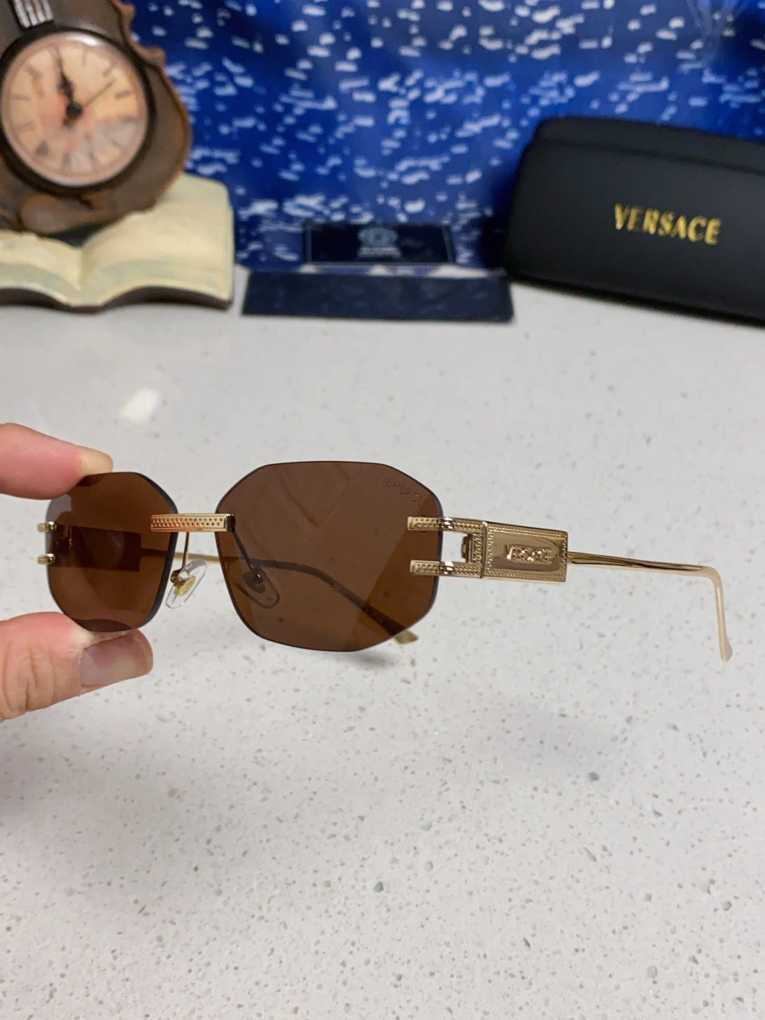 Versace VE2274 Lightweight Metal Rimless Brown Lens Sunglasses for Men & Women - detail image 6