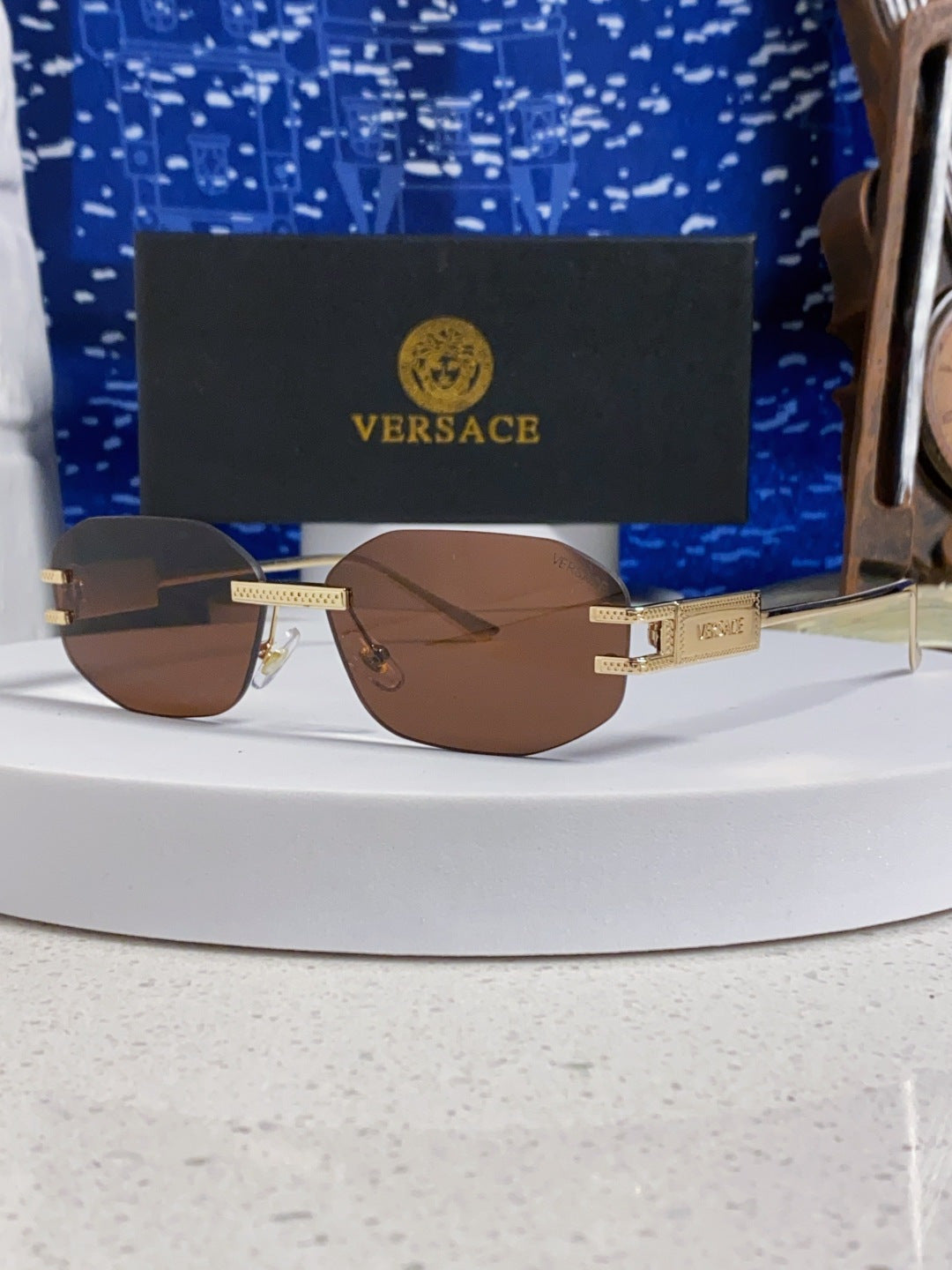 Versace VE2274 Lightweight Metal Rimless Brown Lens Sunglasses for Men & Women