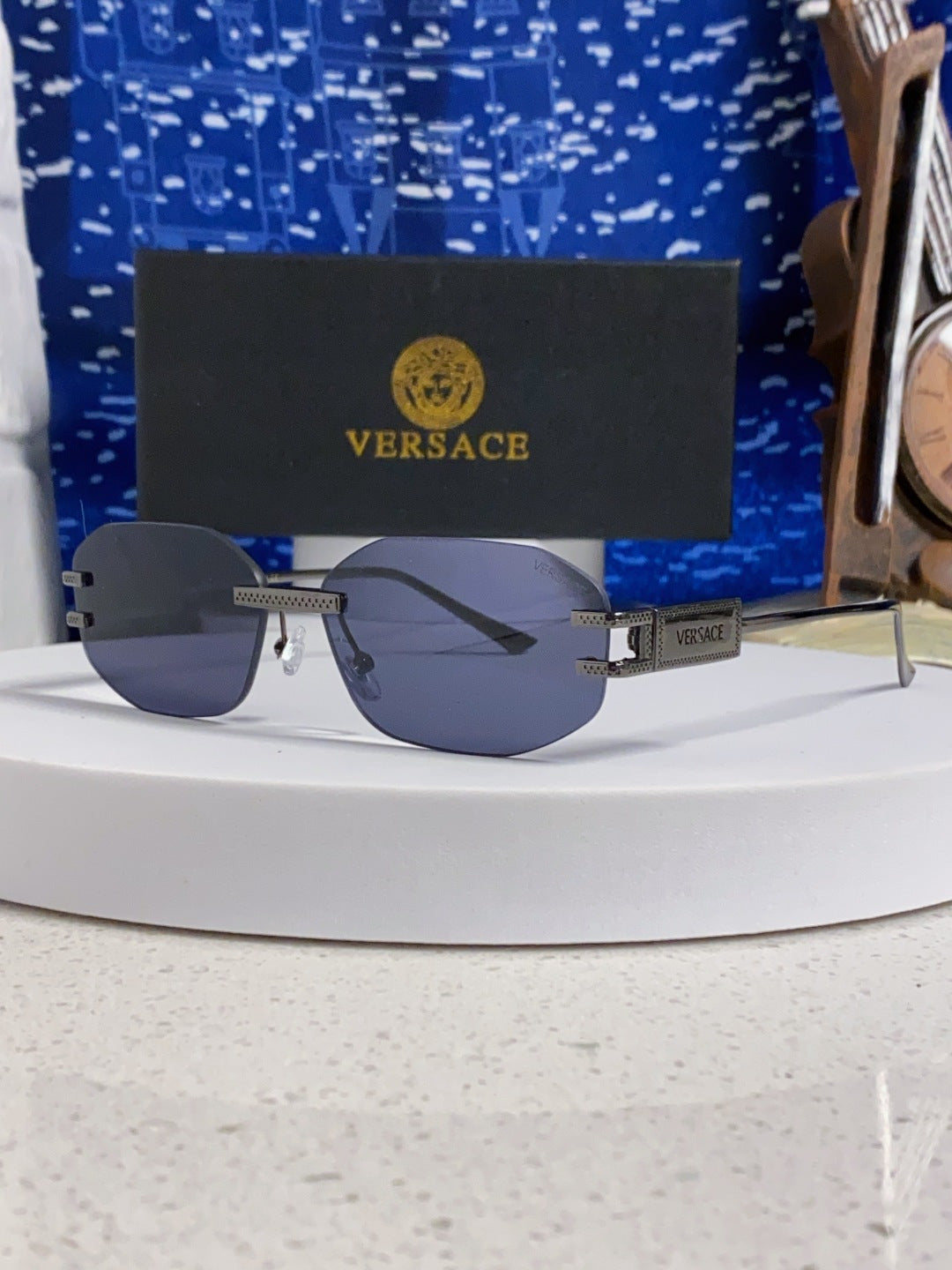Versace VE2274 Lightweight Metal Rimless Blue Lens Sunglasses for Men & Women