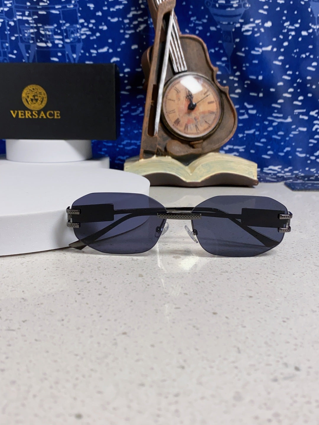 Versace VE2274 Lightweight Metal Rimless Blue Lens Sunglasses for Men & Women - detail image 9