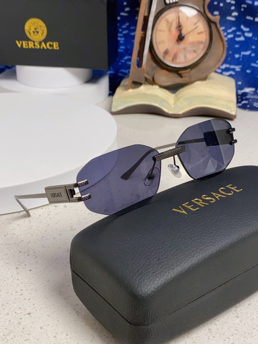 Versace VE2274 Lightweight Metal Rimless Blue Lens Sunglasses for Men & Women - detail image 10