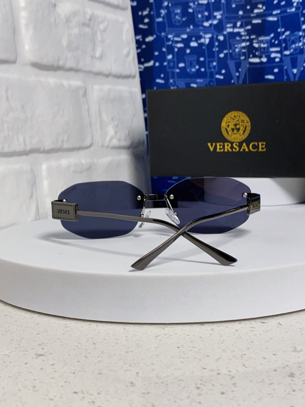 Versace VE2274 Lightweight Metal Rimless Blue Lens Sunglasses for Men & Women - detail image 3