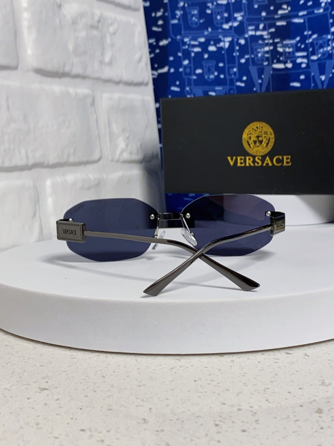 Versace VE2274 Lightweight Metal Rimless Blue Lens Sunglasses for Men & Women - detail image 3