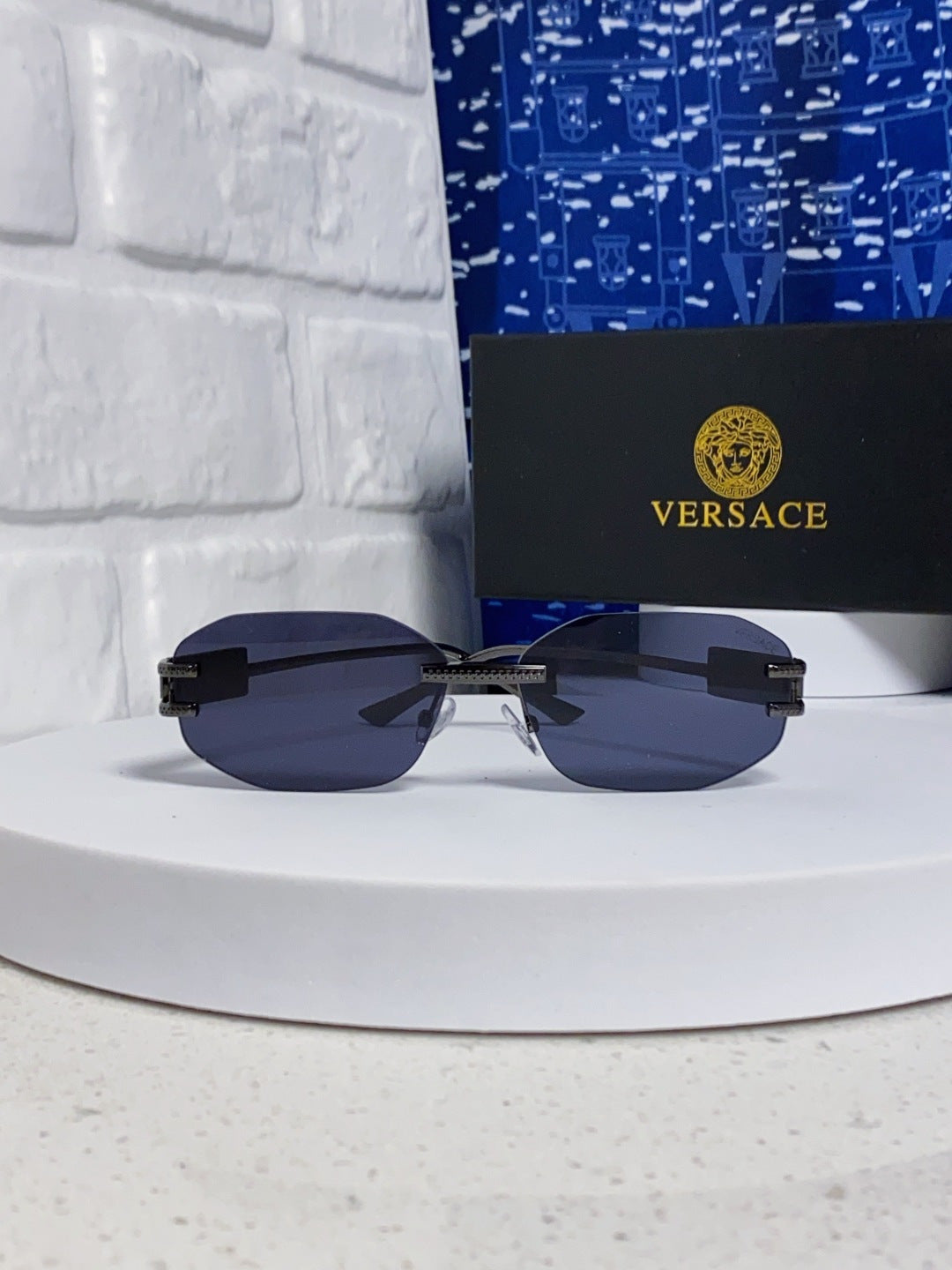 Versace VE2274 Lightweight Metal Rimless Blue Lens Sunglasses for Men & Women - detail image 2