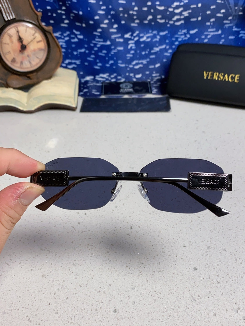 Versace VE2274 Lightweight Metal Rimless Blue Lens Sunglasses for Men & Women - detail image 5