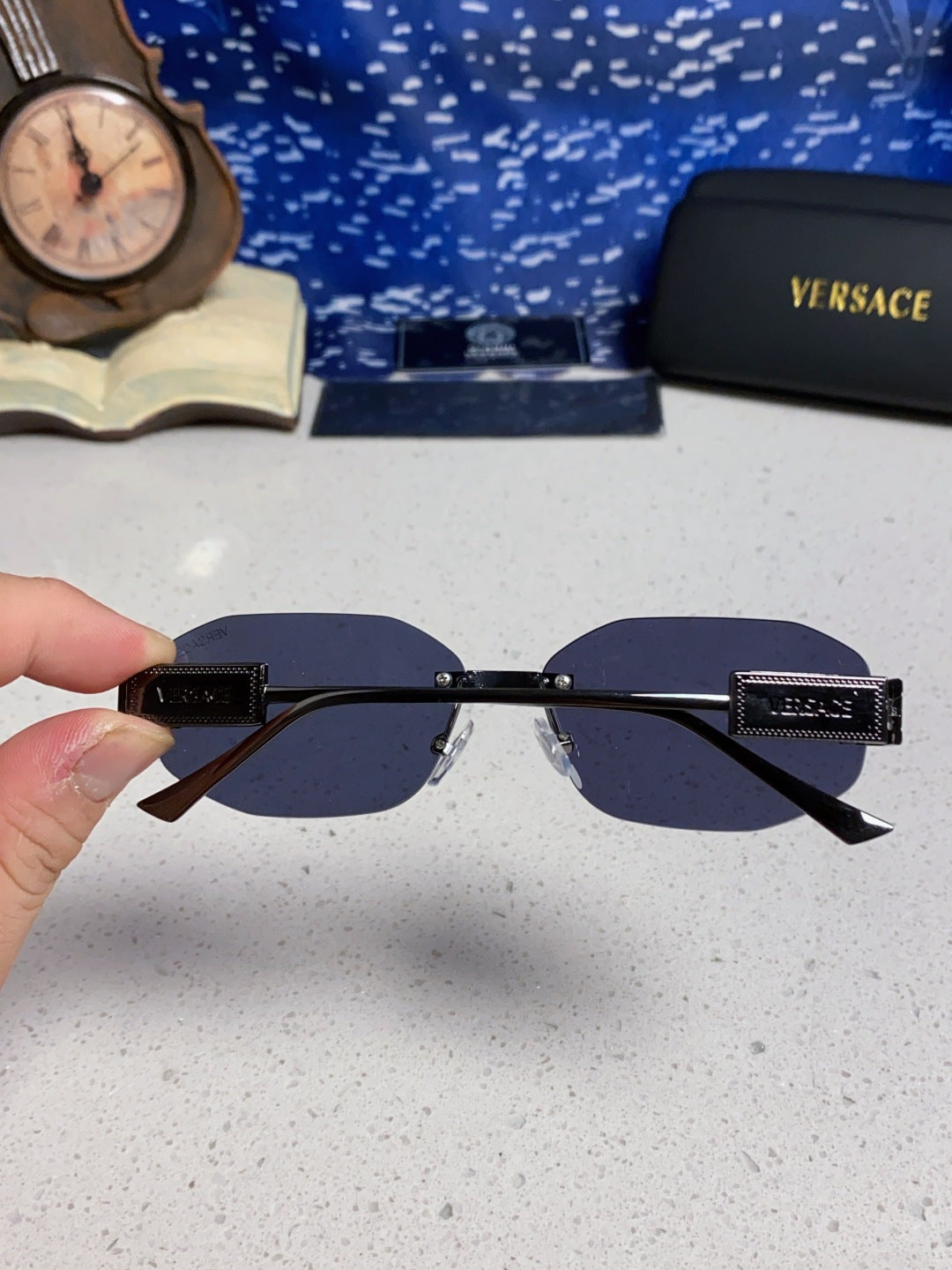 Versace VE2274 Lightweight Metal Rimless Blue Lens Sunglasses for Men & Women - detail image 5