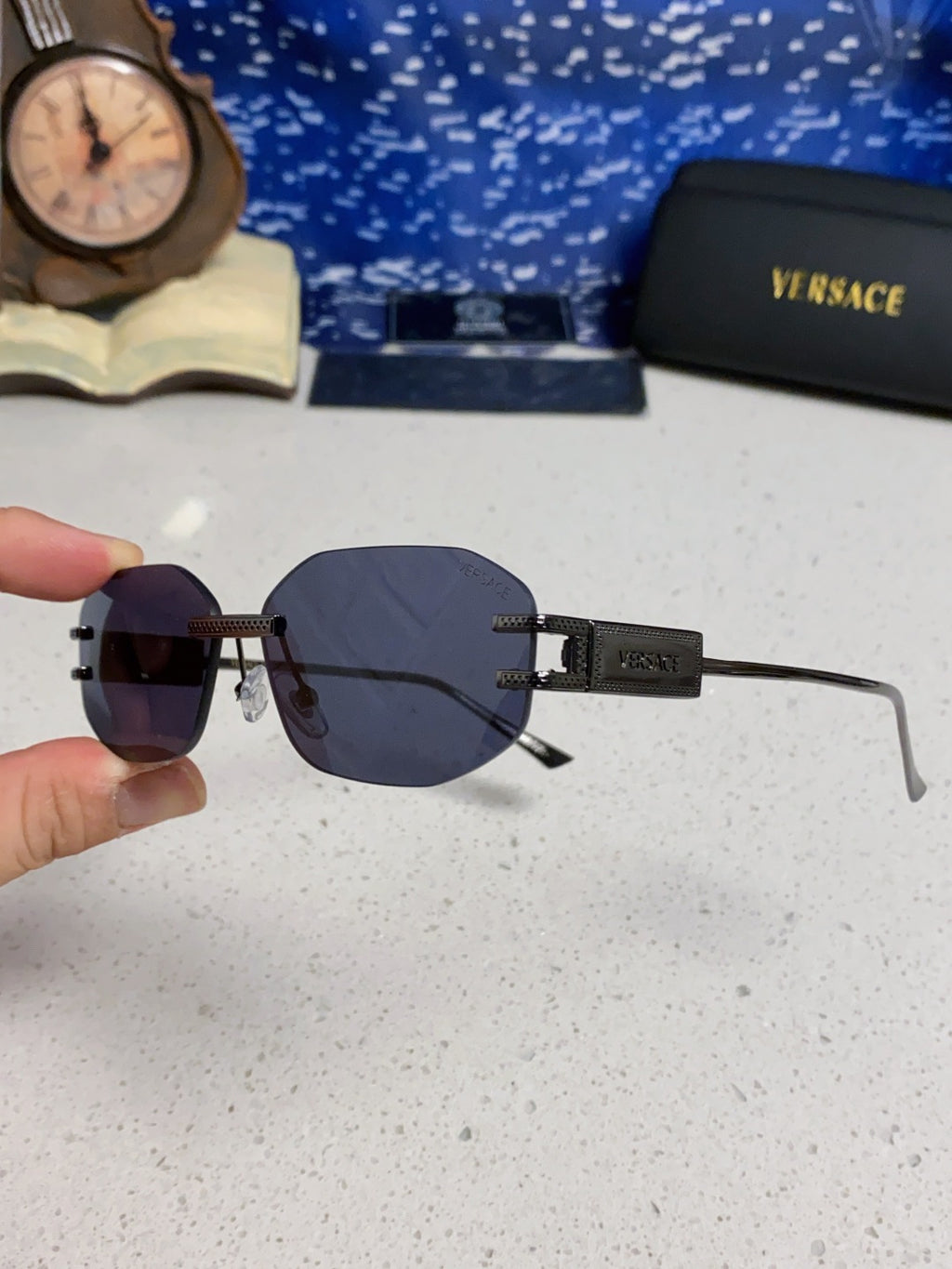 Versace VE2274 Lightweight Metal Rimless Blue Lens Sunglasses for Men & Women - detail image 6