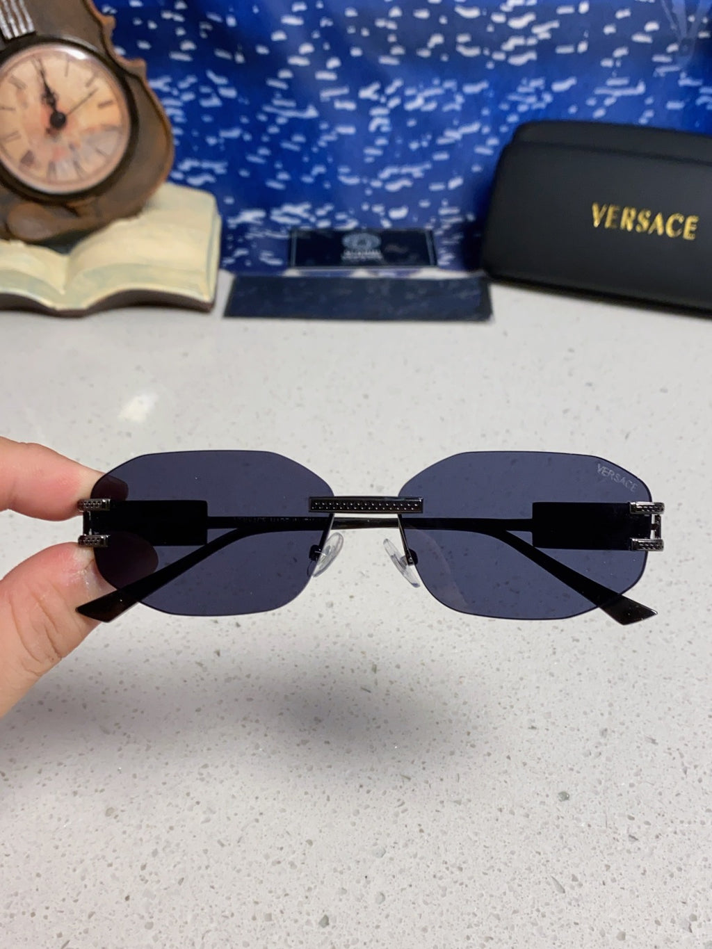 Versace VE2274 Lightweight Metal Rimless Blue Lens Sunglasses for Men & Women - detail image 4