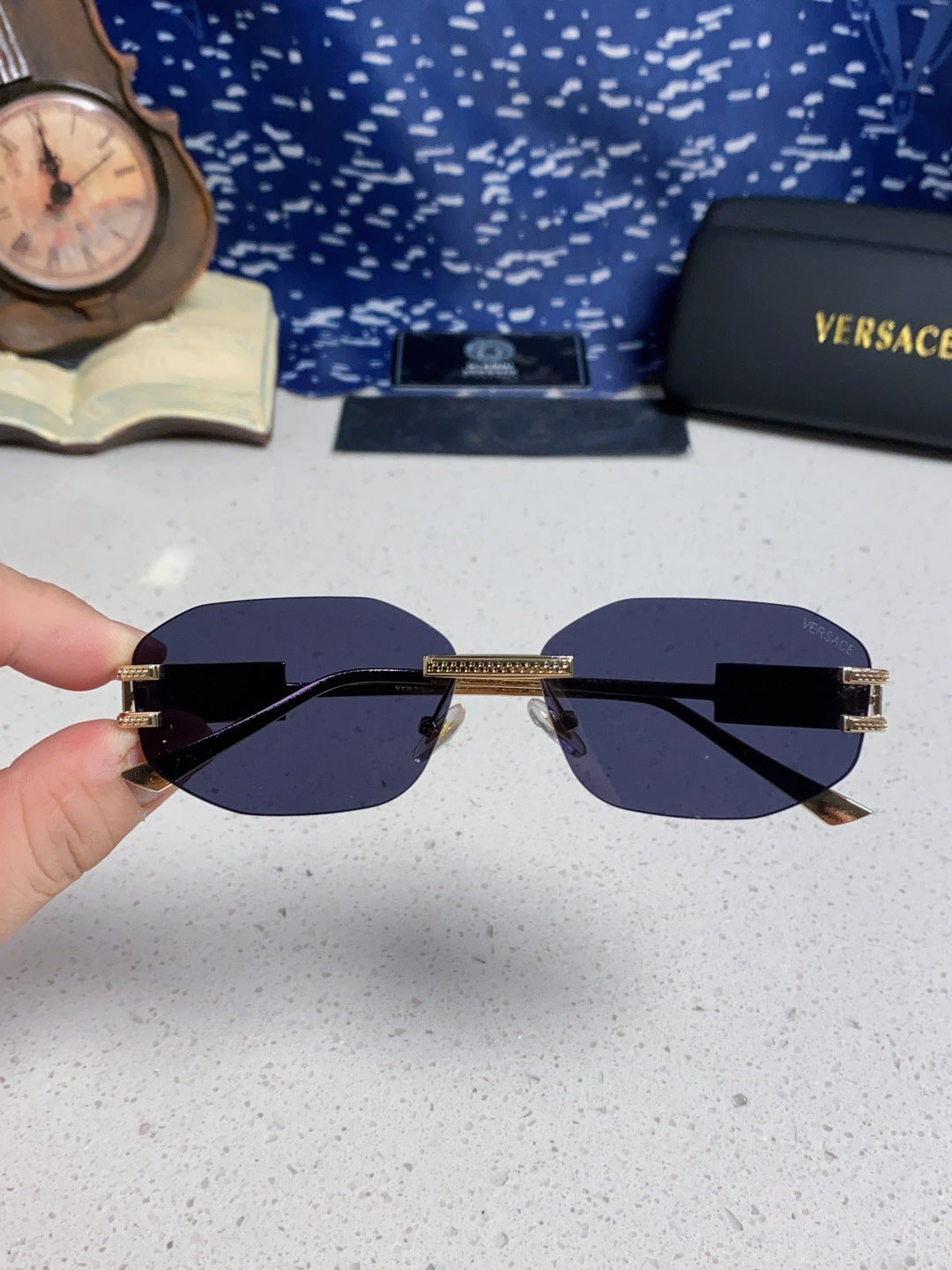 Versace VE2274 Lightweight Metal Rimless Pink Lens Sunglasses for Men & Women - detail image 5
