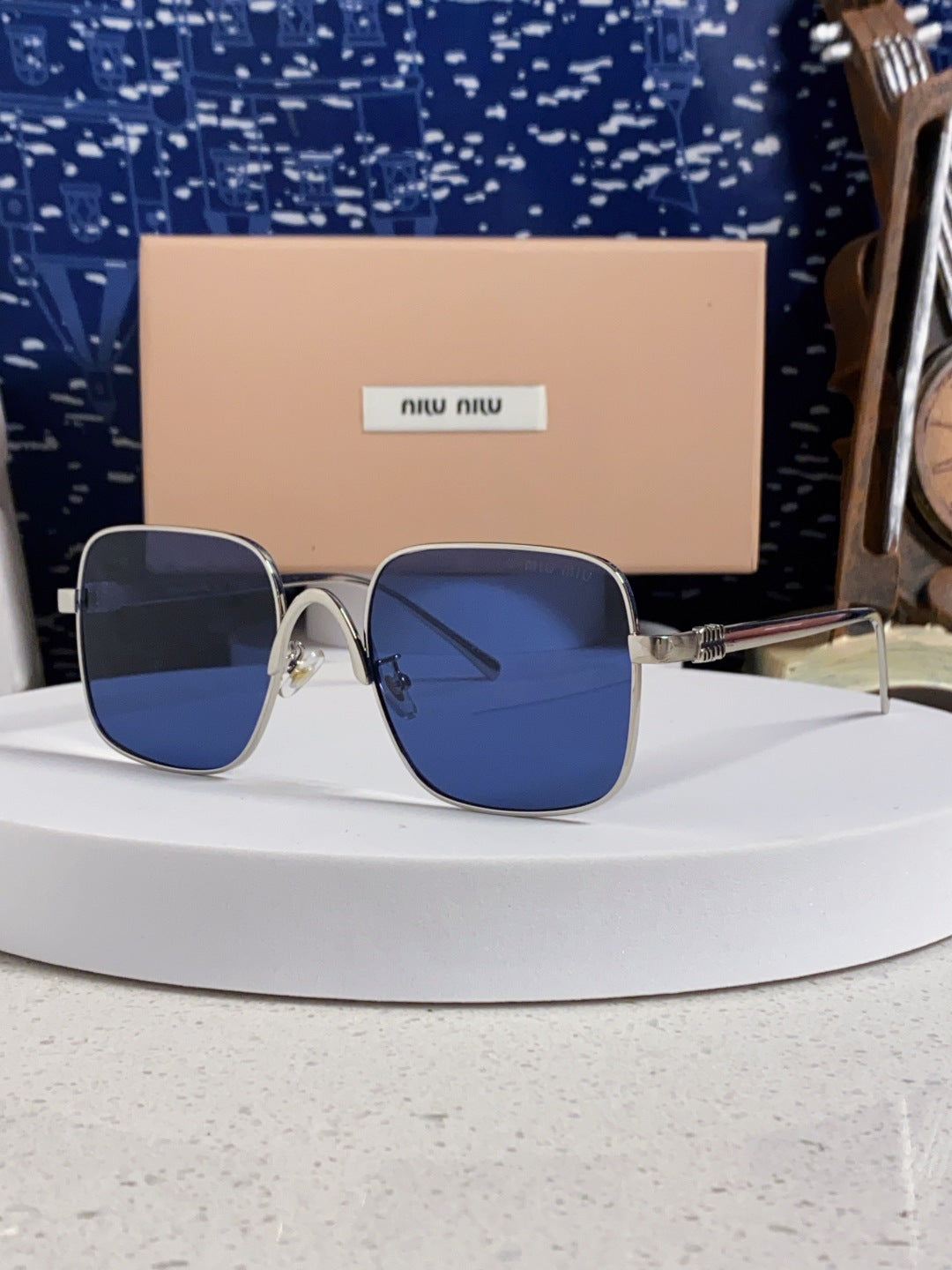 Miu Miu Metal Square Blue Lens Sunglasses for Men & Women - 432634