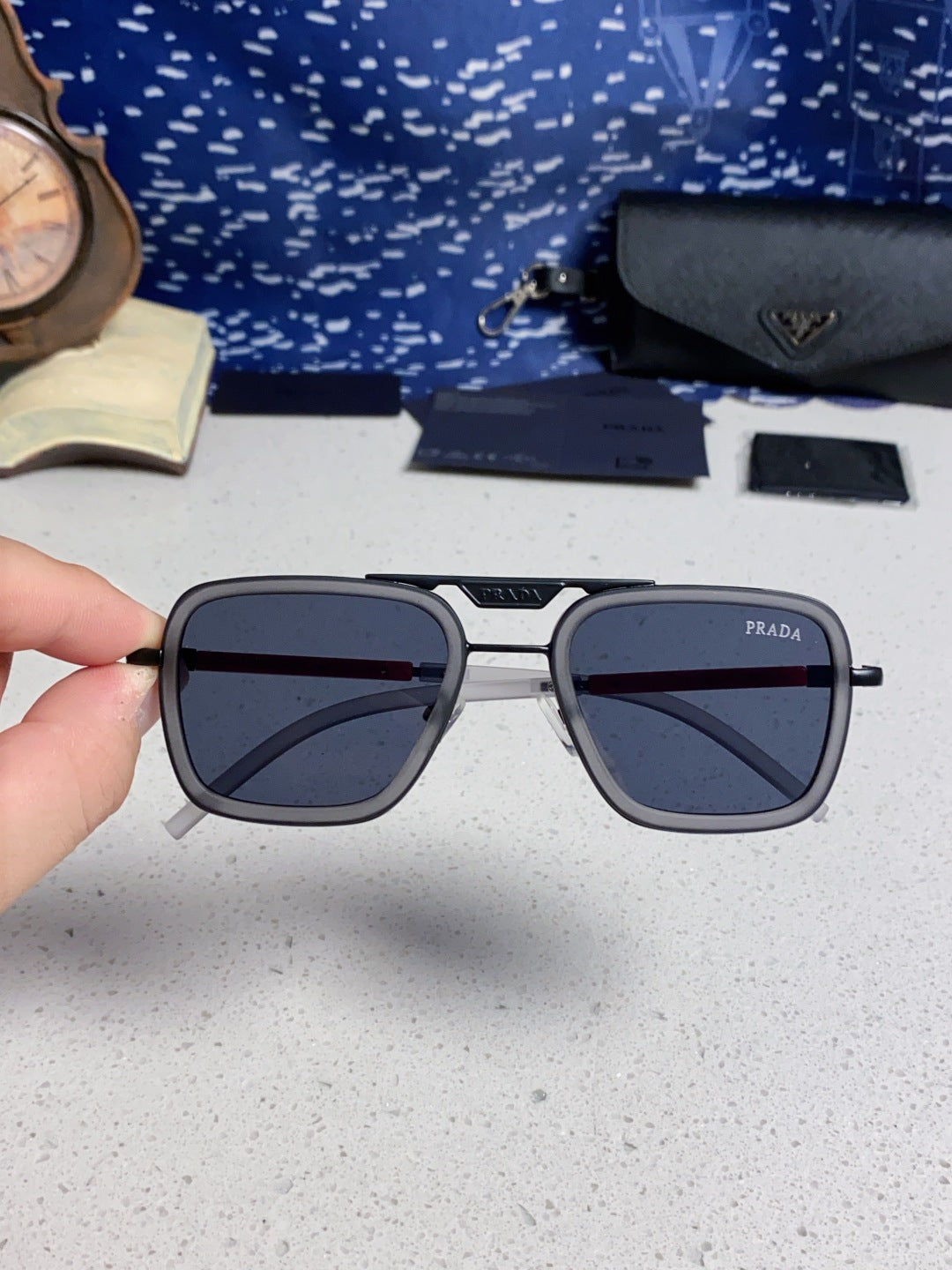 Prada Metal Square Blue Lens Sunglasses for Men & Women - 358403 - detail image 4