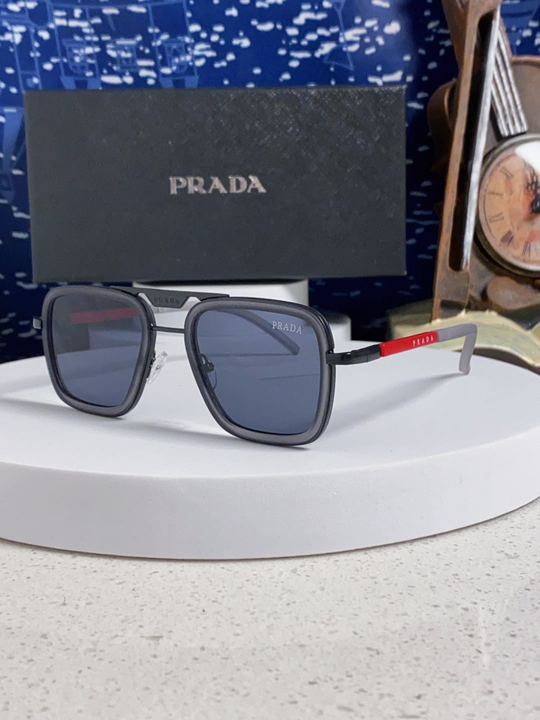 Prada Metal Square Blue Lens Sunglasses for Men & Women - 358403