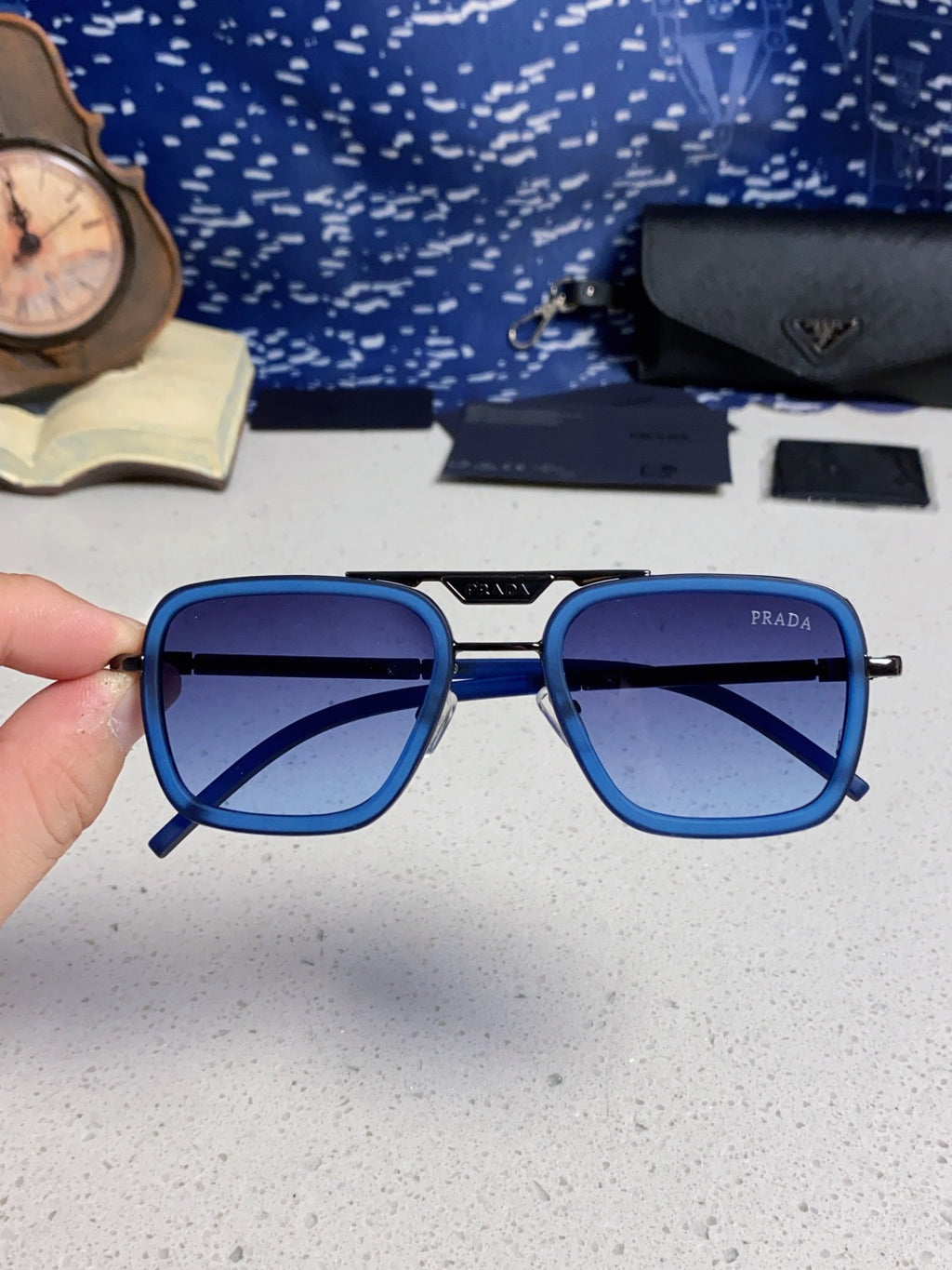 Prada Metal Square Blue Lens Sunglasses for Men & Women - 358404 - detail image 4