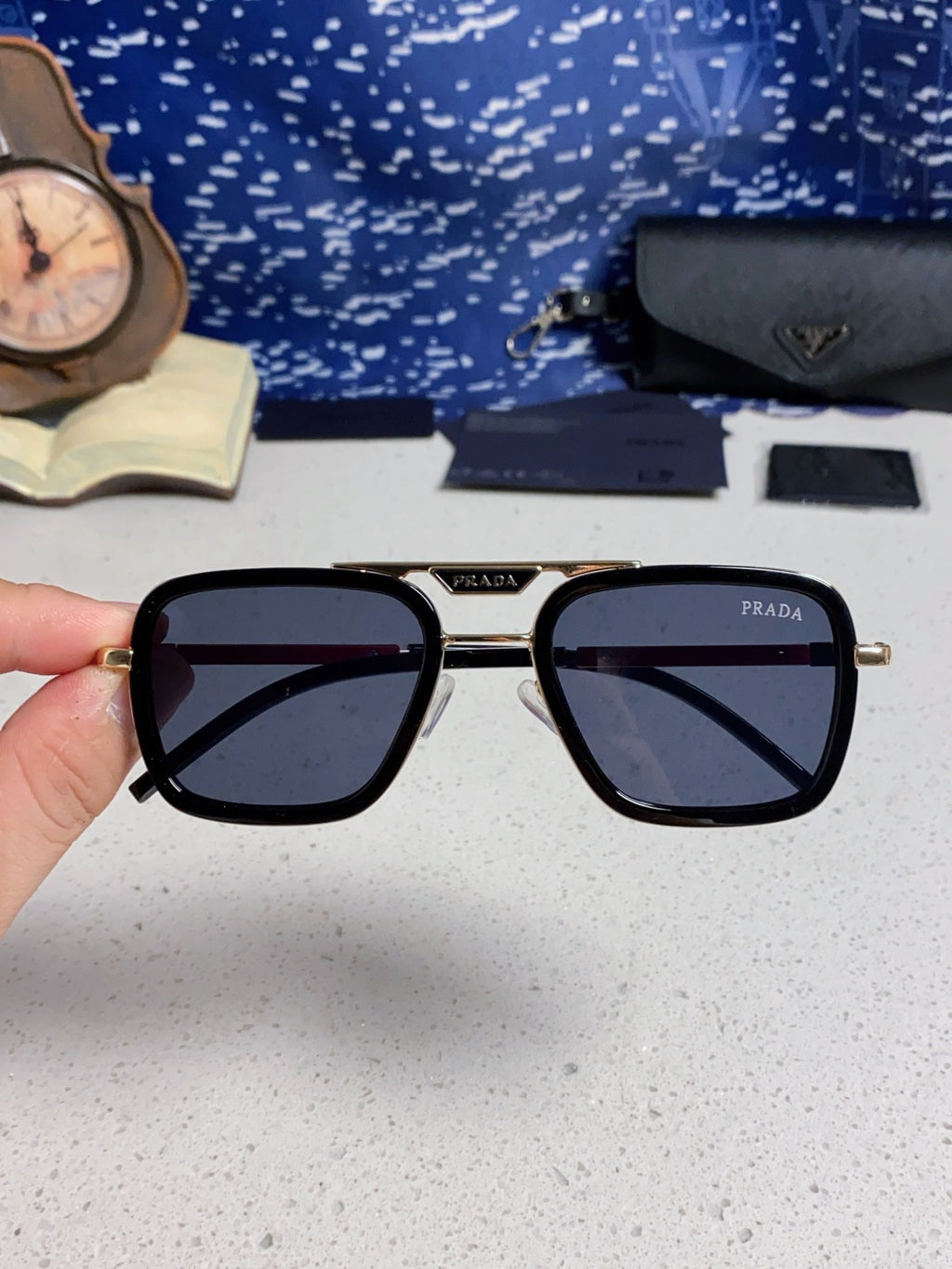 Prada Metal Square Blue Lens Sunglasses for Men & Women - 358406 - detail image 4