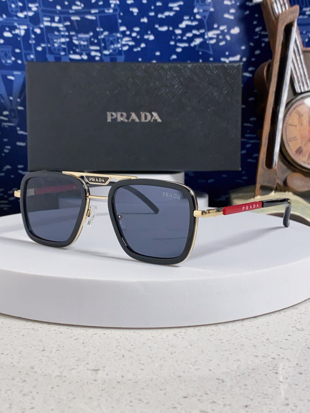 Prada Metal Square Blue Lens Sunglasses for Men & Women - 358406