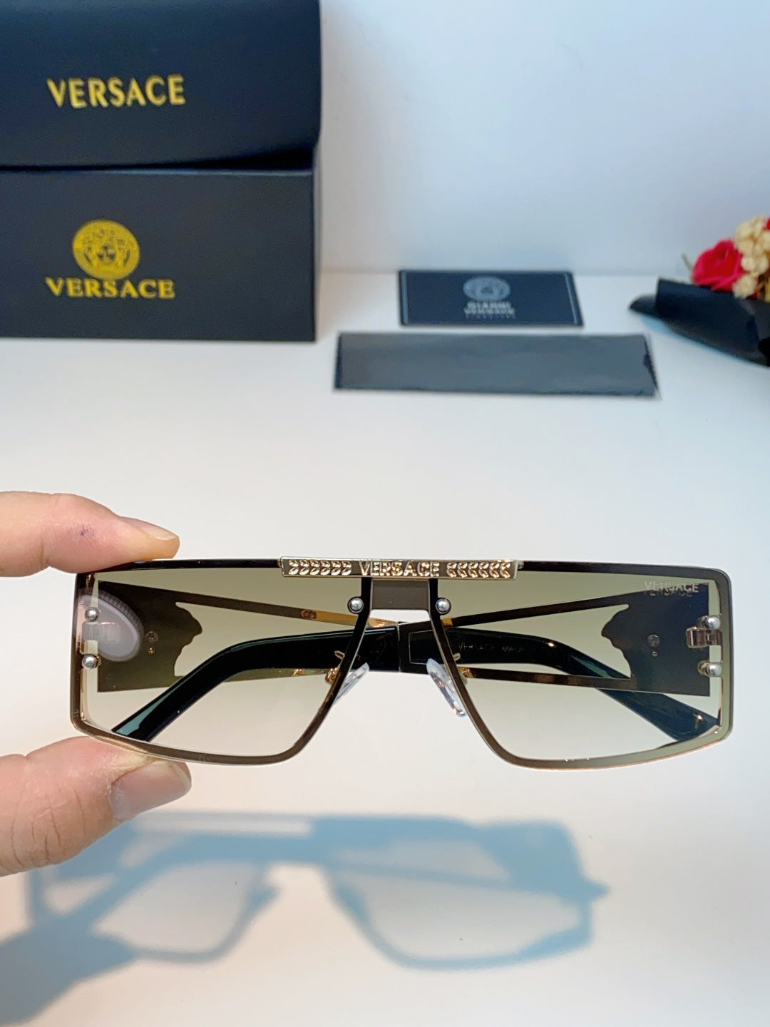 Versace Metal Square Gold Lens Sunglasses for Men & Women - detail image 4