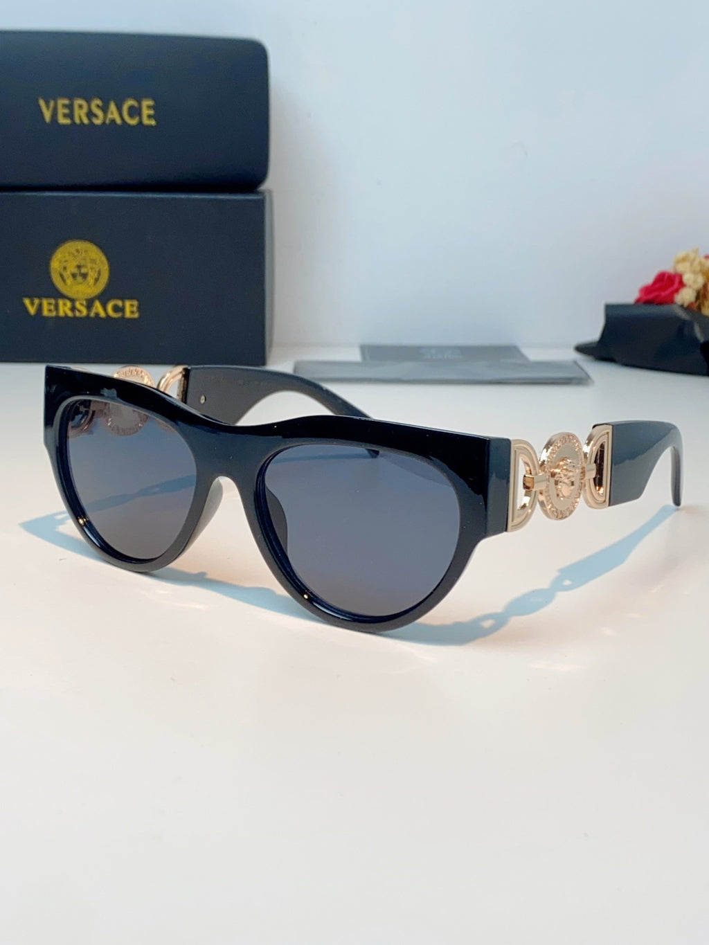Versace Metal Cat-Eye Blue Lens Sunglasses for Men & Women